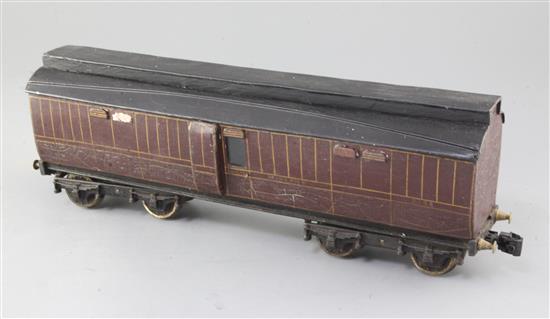 A Gauge 1 Midland bogie baggage van with clerestorey roof, red with auto coupling, 43 cm long No 2132